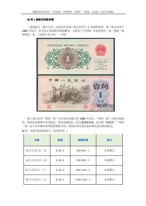 62年1角纸币回收价格
