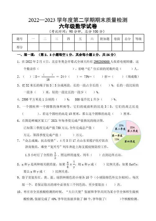 2022-2023学年度第二学期六年级数学期末试题及参考答案