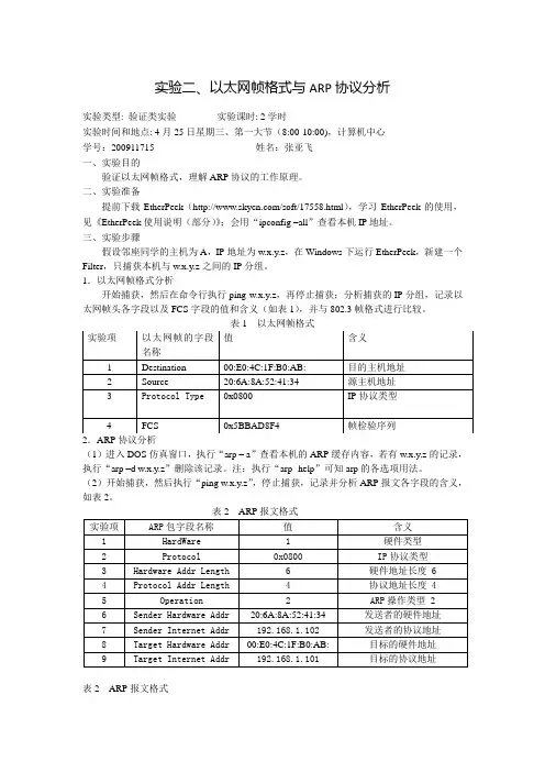 实验二、以太网帧格式与ARP协议分析