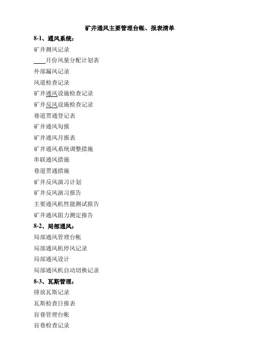 矿井通风管理台帐、报表清单[1]