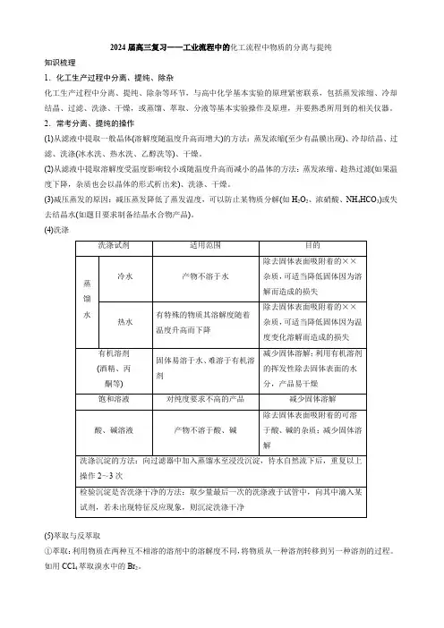 2024届高三复习——工业流程中的化工流程中物质的分离与提纯