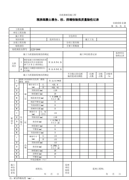 32023现浇混凝土墩台、柱、挡墙检验批质量验收记录