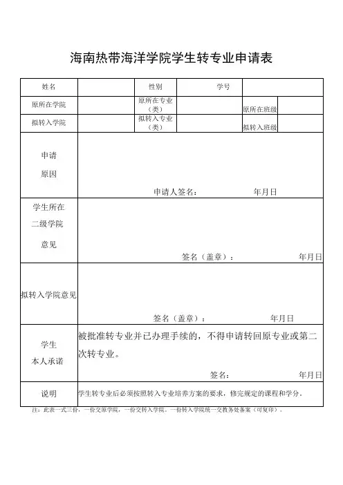 海南热带海洋学院学生转专业申请表