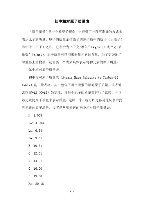 初中相对原子质量表
