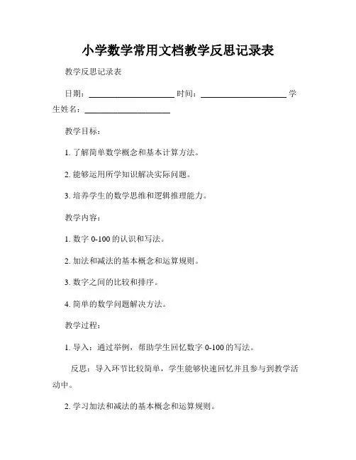小学数学常用文档教学反思记录表