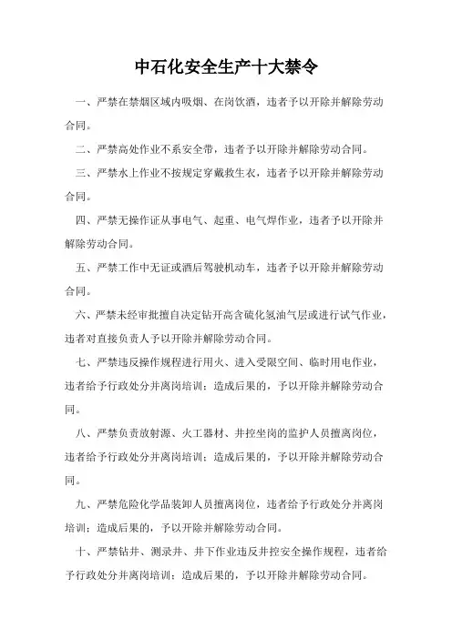 中石化安全生产十大禁令
