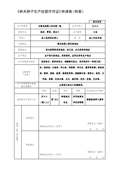 《林木种子生产经营许可证》申请表(样表)