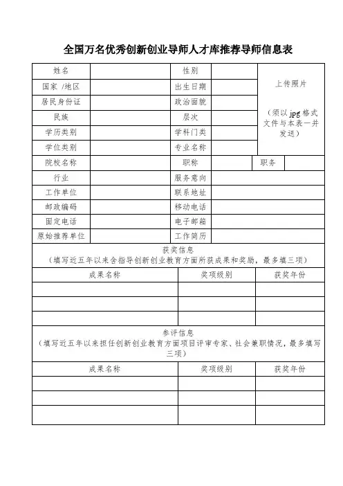 全国万名优秀创新创业导师人才库推荐导师信息表(2023年)