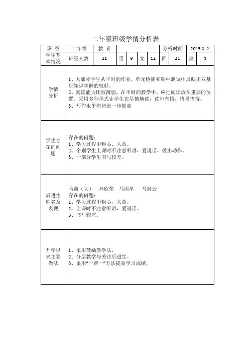 二年级学情分析表