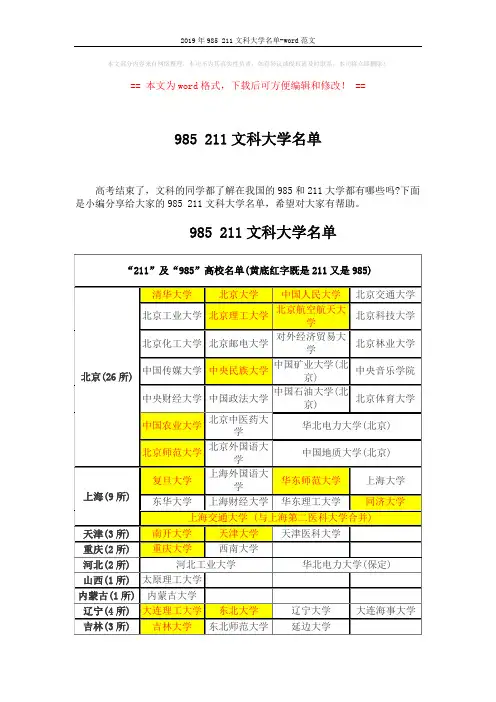 2019年985 211文科大学名单-word范文 (4页)