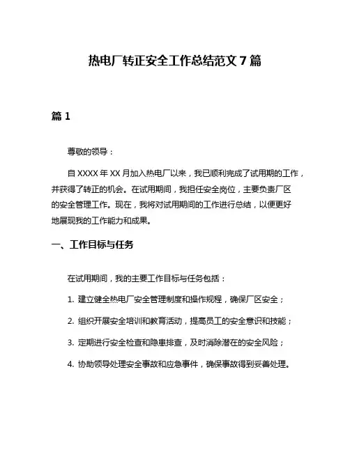 热电厂转正安全工作总结范文7篇