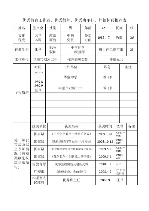 优秀教育工作者、优秀教师、优秀班主任、师德标兵推荐表