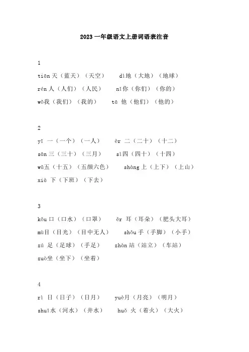 2023一年级语文上册词语表注音