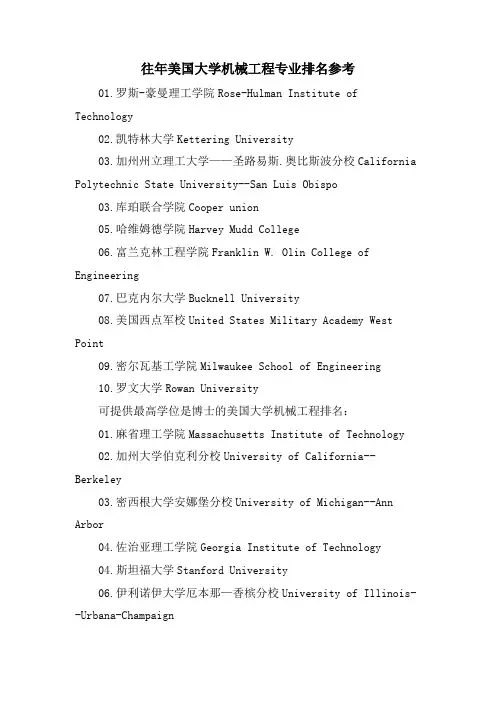 往年美国大学机械工程专业排名参考