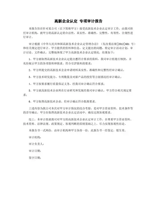 高新企业认定 专项审计报告