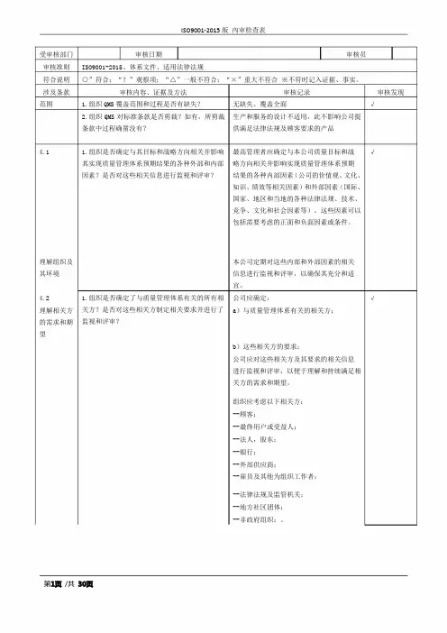 新版ISO9001-2015内部审核检查表