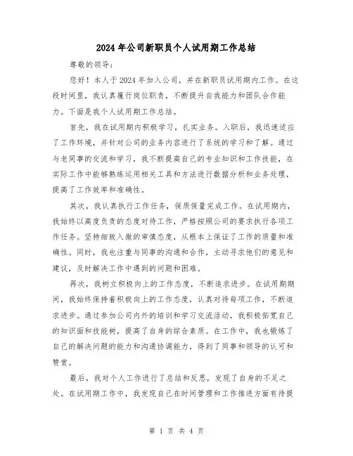 2024年公司新职员个人试用期工作总结（二篇）