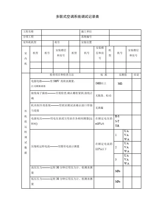 多联式空调系统调试记录表