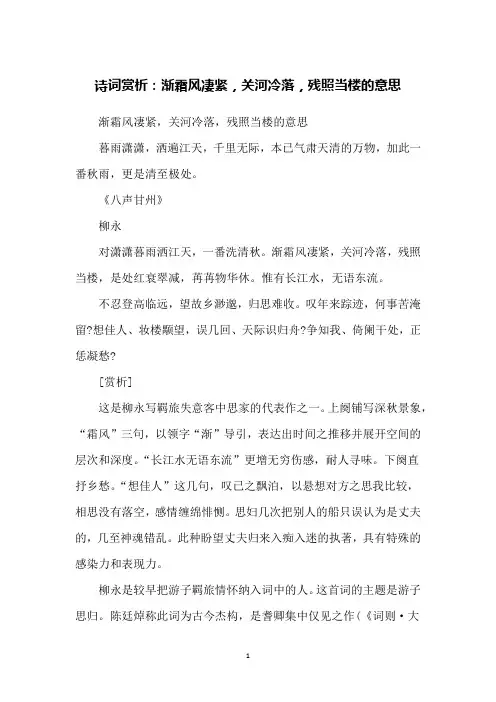 诗词赏析：渐霜风凄紧,关河冷落,残照当楼的意思