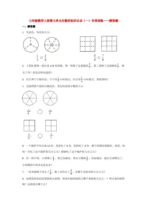 【题型专项特训】三年级数学上册第七单元分数的初步认识(一)专项训练——解答题(苏教版,含答案)