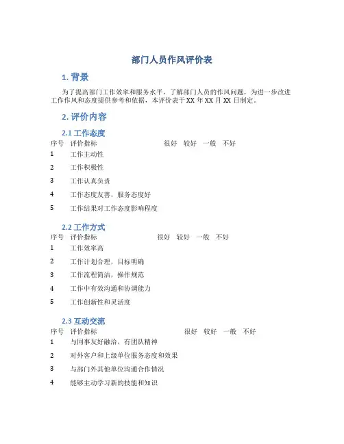 部门人员作风评价表