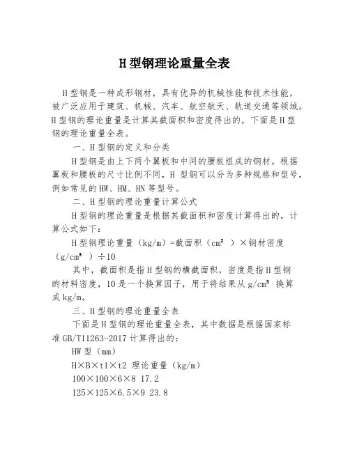 H型钢理论重量全表