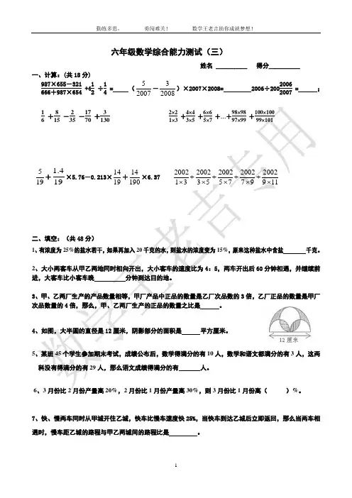 六年级数学综合能力测试(三)文档