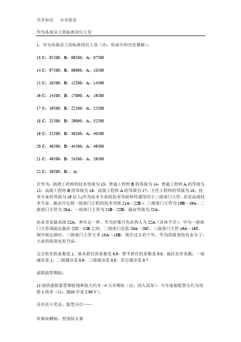 华为各级员工的标准岗位工资