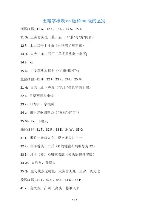 五笔字根表86版和98版的区别