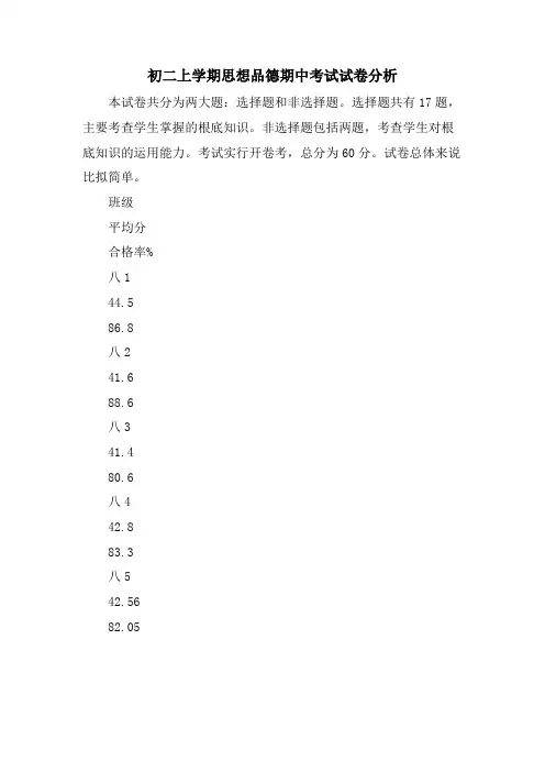 初二上学期思想品德期中考试试卷分析