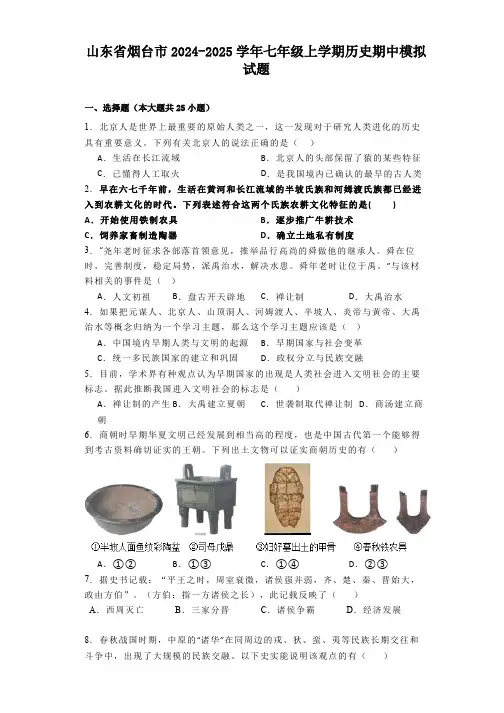 山东省烟台市2024-2025学年七年级上学期历史期中模拟试题(含解析)