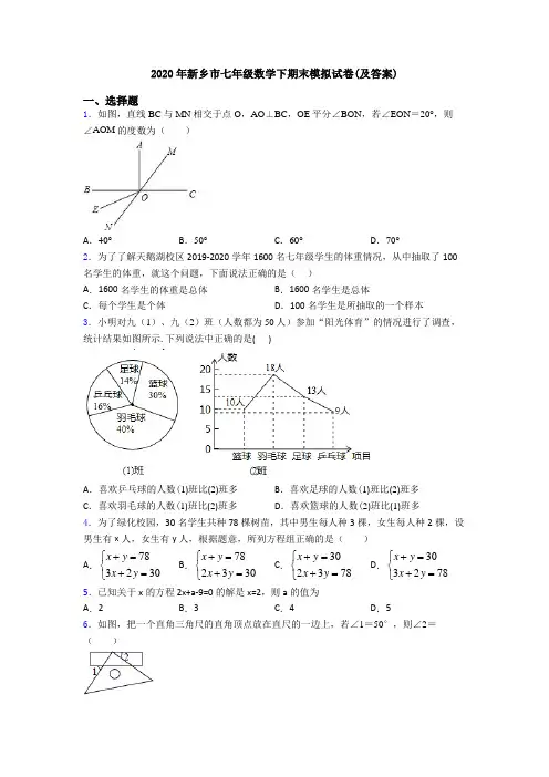 2020年新乡市七年级数学下期末模拟试卷(及答案)
