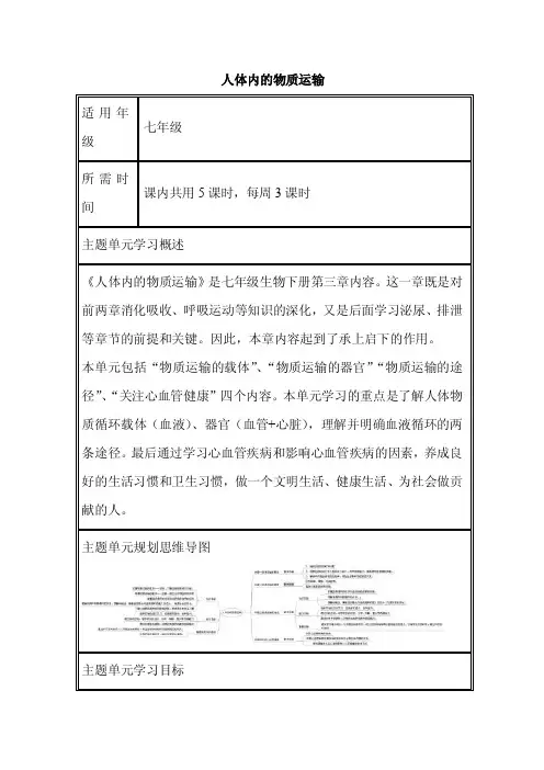 初中生物《人体内的物质运输》单元教学设计以及思维导图