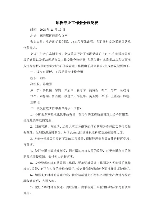顶板专业工作会会议纪要