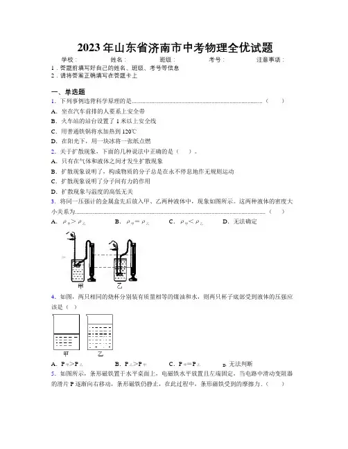 2023年山东省济南市中考物理全优试题及解析