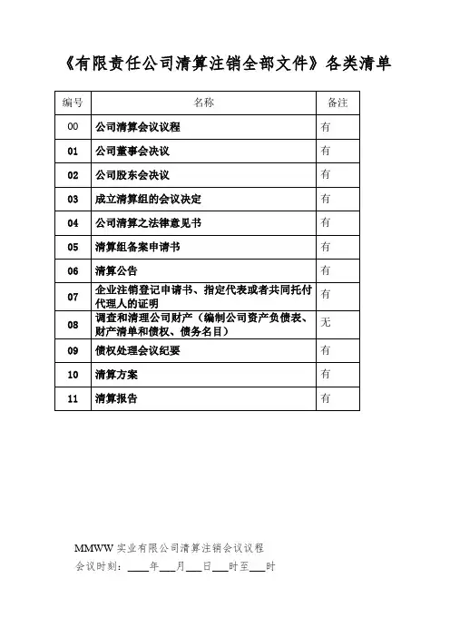 《有限责任公司清算注销全部文件》各类清单