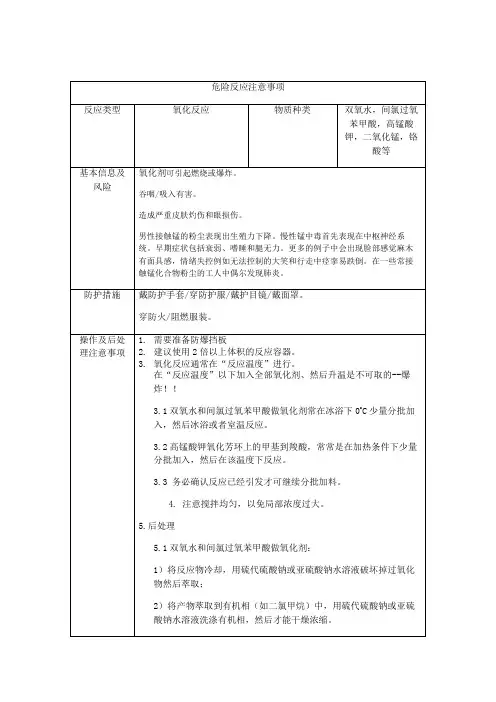潜在危险反应(氧化、还原、重氮化、硝化及磺化)注意事项