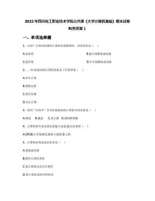 2022年四川化工职业技术学院公共课《大学计算机基础》期末试卷B(有答案)