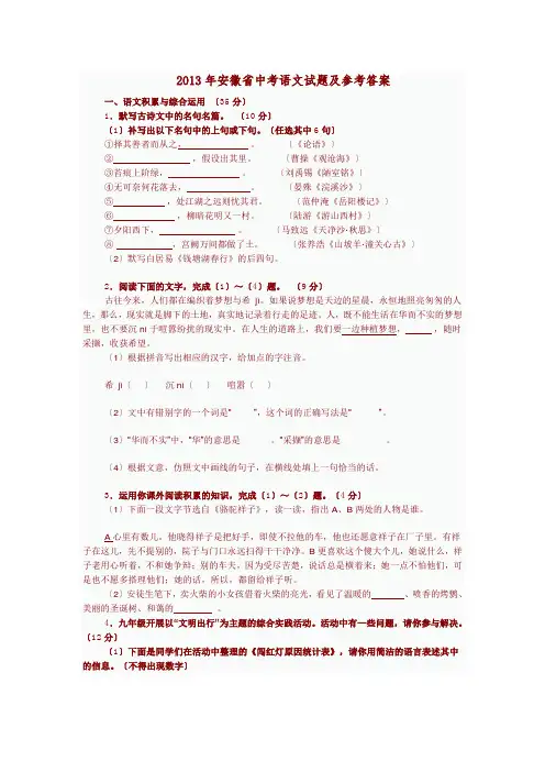 2013年安徽省中考语文试题及参考答案