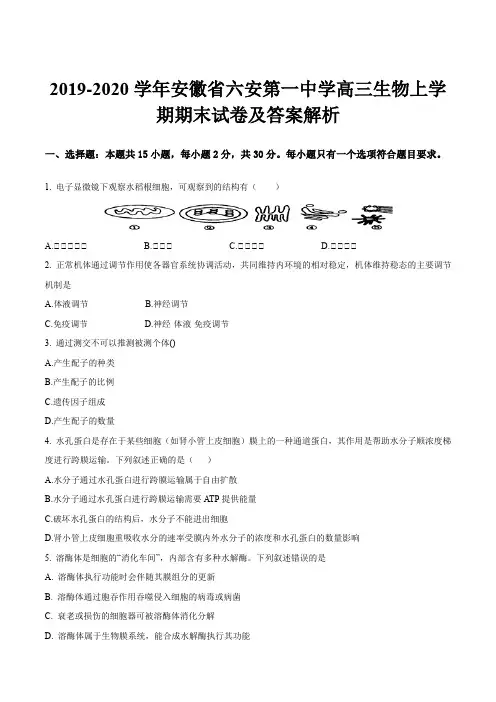 2019-2020学年安徽省六安第一中学高三生物上学期期末试卷及答案解析