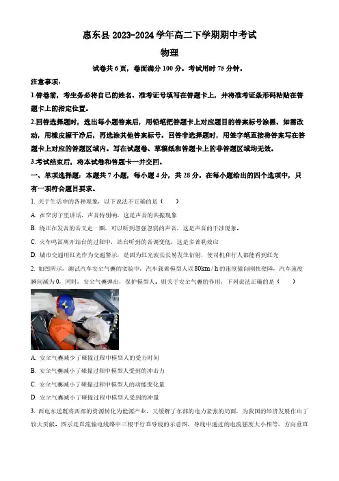 广东省惠州市惠东县2023-2024学年高二下学期期中考试物理试卷(含答案)