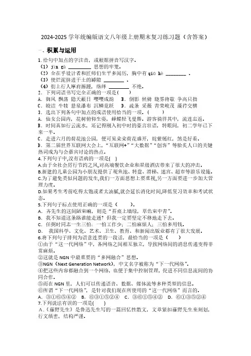 2024-2025学年统编版语文八年级上册期末复习练习题(含答案)