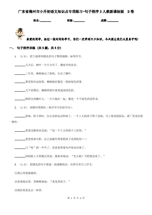 广东省梅州市小升初语文知识点专项练习-句子排序3人教新课标版  D卷