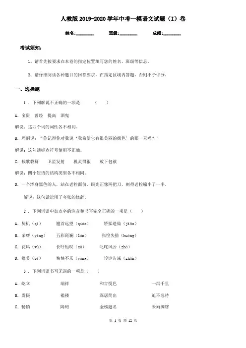 人教版2019-2020学年中考一模语文试题(I)卷