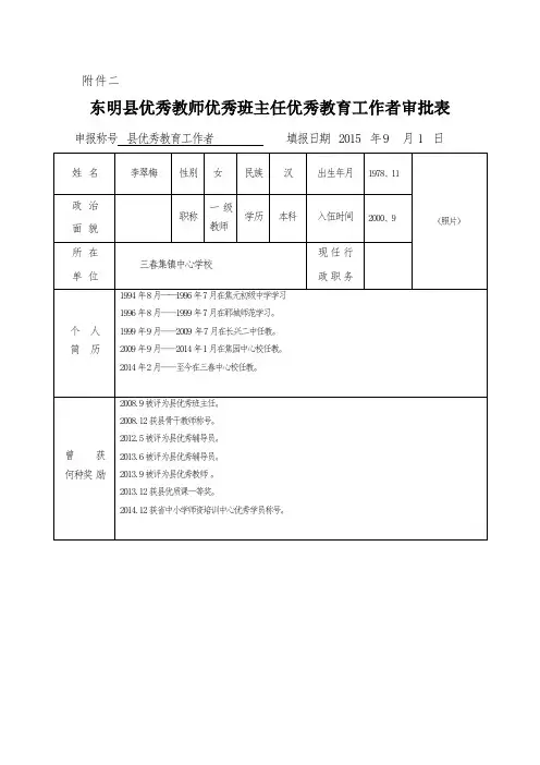 优秀教师、优秀教育工作、优秀班主任者审批表