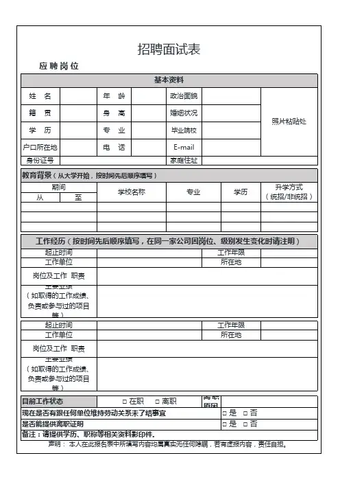 招聘面试表模板