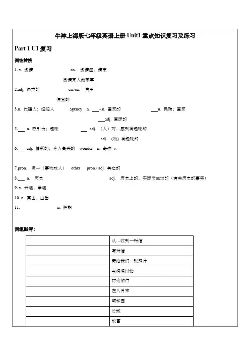 牛津上海版七年级英语上册Unit1重点知识复习及练习