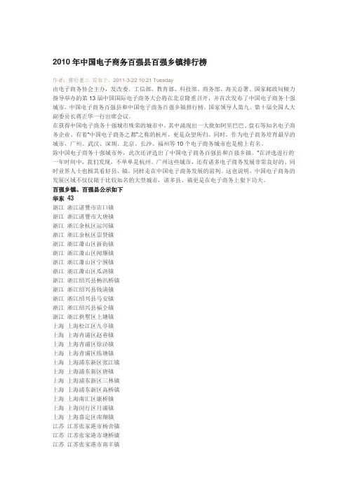 2010年中国电子商务百强县百强乡镇排行榜