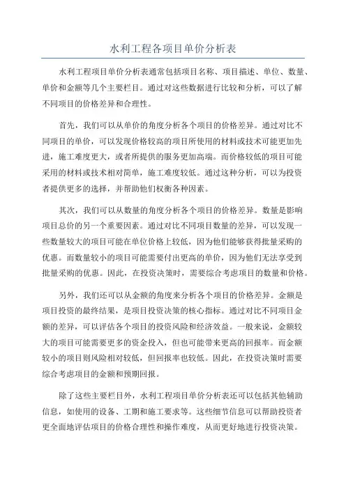 水利工程各项目单价分析表