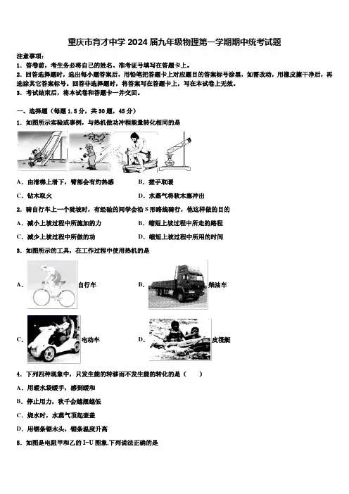 重庆市育才中学2024届九年级物理第一学期期中统考试题含解析